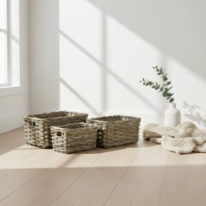 Storage & Organization Rectangular Grey Rattan Pantry Baskets Set Of 3